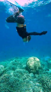 Küçük bir kız Maldivler 'de su altına dalıyor. Etrafı mercan resifleri ve balıklarla çevrili. Kabarcıklar yüzeye çıkıyor..