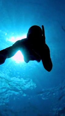 Maldivler 'in derin sularında, yukarıdan süzülen güneş ışığıyla aydınlatılmış mavi suyla çevrili bir frediver..