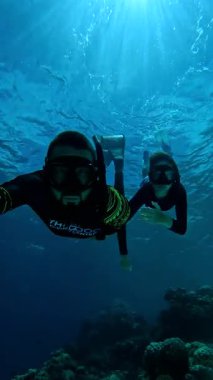 Aşağıdaki temiz mavi su ve mercan oluşumlarıyla çevrili iki serbest dalgıç Maldivler 'de su altında keşif yapıyor..