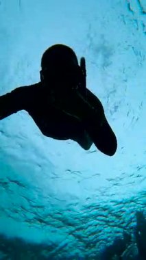 Freediver, Maldivler 'de suyun altında yüzer. Bir balık sürüsü ve dönen suyun ortasında elini uzatır..