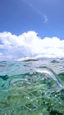 Bora Bora 'daki sualtı sahnesinde mercan resifleri, çeşitli deniz yaşamları ve üzerinde bulutlar görünen berrak turkuaz su görülüyor..
