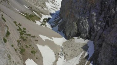 Himalayalar bölgesindeki kayalık bir dağ vadisinin, kar yamaçları ve seyrek bitki örtüsü manzarası..