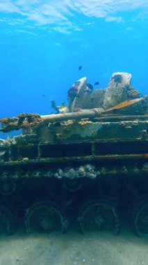 Palau 'daki deniz ve mercanlarla kaplı kumlu deniz tabanında batık bir askeri tankın sualtı görüntüsü..