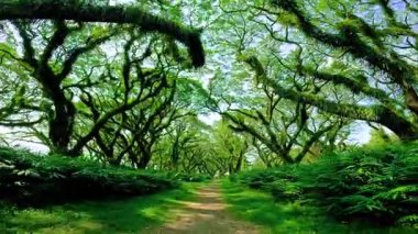 Doğu Java, Endonezya 'da sık bir ormana giden yol yosun kaplı ağaçlar ve yemyeşil yapraklarla doludur..