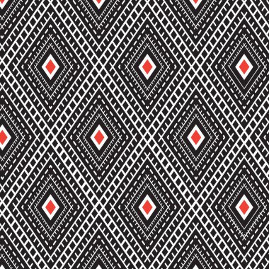 Kusursuz etnik şablon tekrarla ikat ogee sanat çiçekli ve geometrik elementler siyah ve beyaz modern tasarım dokusu, vintage, kumaş, halı giyimi folklorik dikiş vektör arka planı 