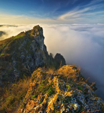 fog in the canyon. Autumn morning in the Dniester river valley. Nature of Ukraine