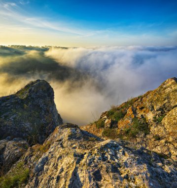 fog in the canyon. Autumn morning in the Dniester river valley. Nature of Ukraine