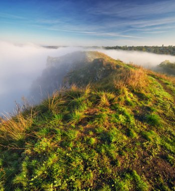 fog in the canyon. Autumn morning in the Dniester river valley. Nature of Ukraine