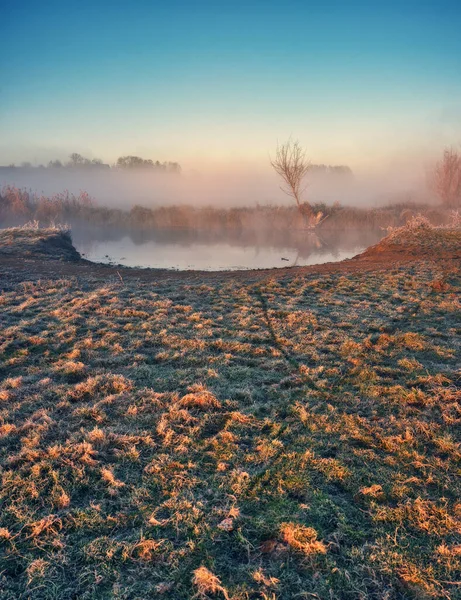 Fog River Early Morning Autumn Day Nature Ukraine — Photo