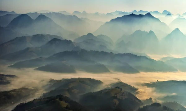 朝の山のシルエット カルパチア人の霧の朝 山の風景 — ストック写真