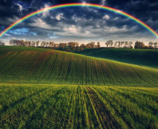 Scenic View Rainbow Green Field Dramatic Gray Sky Picturesque Hilly — Stock Photo, Image