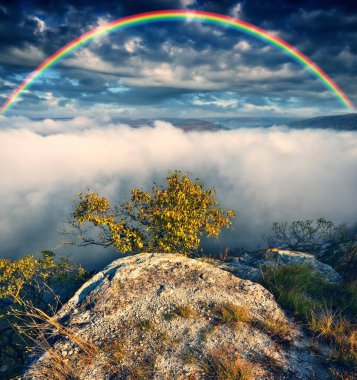 Nehir kanyonu üzerinde renkli gökkuşağı. Sonbahar manzarası. Ukrayna 'nın doğası 