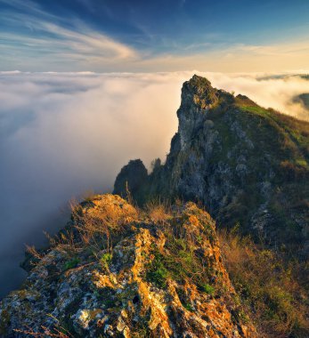 Kanyonda sis var. Dnister Nehri Vadisi 'nde sonbahar sabahı. Ukrayna 'nın Doğası