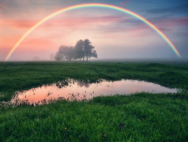 Landscape with a Rainbow on the River in Spring. colorful morning. nature of Ukraine