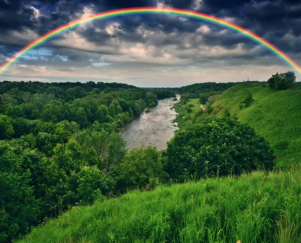 Landscape Rainbow River Spring Colorful Morning Nature Ukraine — Stock Fotó