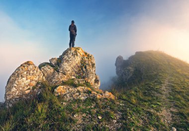 Kadın nehir kanyonunun üstündeki bir kayanın üzerinde duruyor. Dişi turistler sisli sonbahar manzarasının tadını çıkarırlar. Ukrayna 'nın doğası