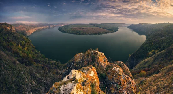 stock image Beautiful autumn landscape at sunrise. picturesque river canyon. nature of Ukraine