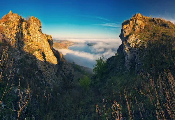 Чудовий Осінній Краєвид Світанку Мальовничий Річковий Каньйон Природа України — стокове фото