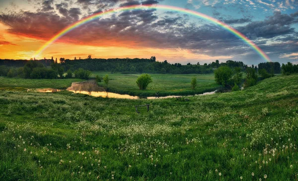 Landscape Rainbow River Spring Colorful Morning Nature Ukraine — Stock fotografie
