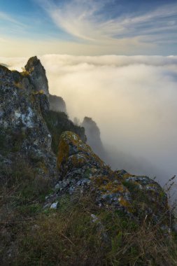 Kanyonda sis var. Dnister Nehri Vadisi 'nde sonbahar sabahı. Ukrayna 'nın Doğası