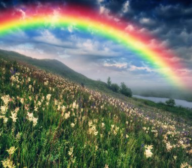 Landscape with a Rainbow on the River in Spring. colorful morning. nature of Ukraine