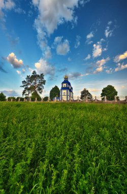 Kırsal ilkbahar manzarası, gün doğumu, çiçek açan bir çayır. Panorama gündoğumu. Ukrayna 'nın Doğası