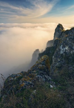 Gündoğumunda güzel bir sonbahar manzarası. Resmedilmeye değer nehir kanyonu. Ukrayna 'nın doğası