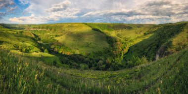 Ukrayna 'da güzel bir bahar çayırı, sabah ışığında çarpıcı ve anlamlı bir gökyüzü altında yakalandı.