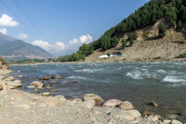 Bulutlu mavi gökyüzü ile güzel dağdaki Rocky Nehri kıyısında.