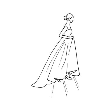 Kafasında topuzu olan uzun elbiseli bir kadın merdivenlerden çıkıp eteğini kaldırıyor. Profilde bir kadının el çizimi