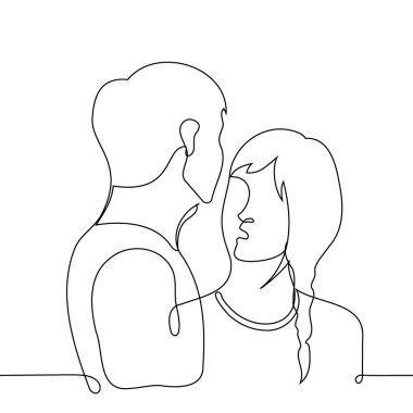 woman looks hypnotized into the face of a man who is taller than her - one line art vector. concept woman in love, heed someone else's word, height difference clipart