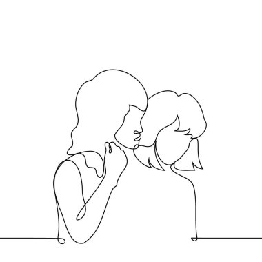 woman whispers in another's ear standing behind her - one line art vector. concept off female friends gossiping, lesbian couple flirting and seducing clipart