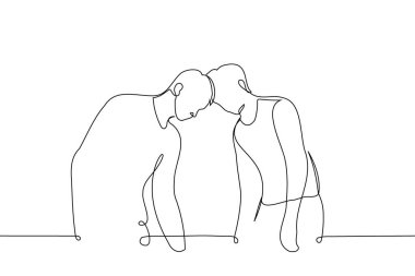 men standing resting their foreheads against each other - one line art vector. concept homosexual couple or male friends in confrontation or conflict, hardheaded or stubborn people clipart