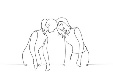 women standing resting their foreheads against each other - one line art vector. concept homosexual couple or female friends in confrontation or conflict, hardheaded or stubborn people clipart