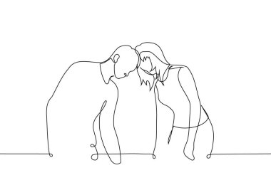 man and woman standing resting their foreheads against each other - one line art vector. concept heterosexual couple in confrontation or conflict, hardheaded or stubborn people clipart