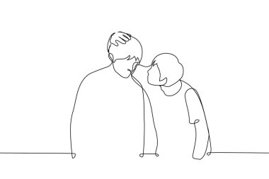 man bends down, strokes his head and looks into the face of a standing sad man - one line vector. concept of consoling, comforting, petting a friend's head clipart