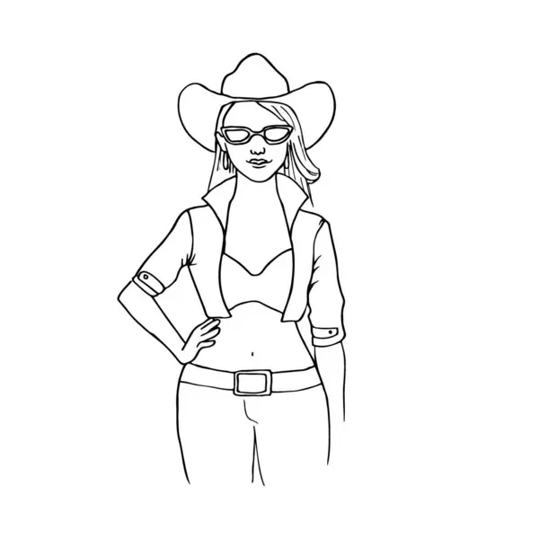 stock vector drawing of a young woman wearing a cowboy hat, sunglasses, low-rise jeans and a crop top - hand drawn outline drawing