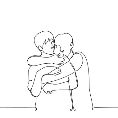 man hugging man tenderly from behind - one line art vector. concept gentle touch gay couple, friendly support, skinship clipart