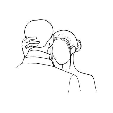 close-up woman with hand on man's head, portrait without face - hand drawn sketch clipart