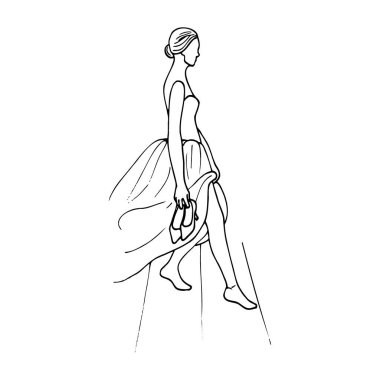 barefoot woman walking down stairs with shoes in hand in bustier dress with lush raised hem - hand drawn doodle clipart