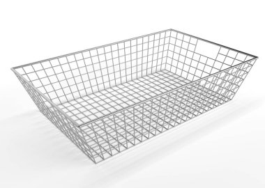 Alışveriş merkezi için metal sepet ve beyaz arka planda izole edilmiş süpermarket. Market, Market ve Ev 'de Market, Gıda ve Mallar için sepet. 3B Hazırlandı