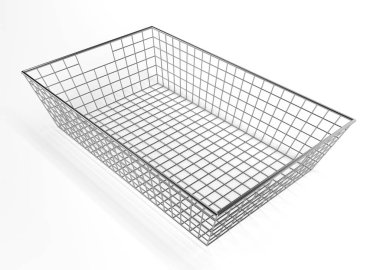 Alışveriş merkezi için metal sepet ve beyaz arka planda izole edilmiş süpermarket. Market, Market ve Ev 'de Market, Gıda ve Mallar için sepet. 3B Hazırlandı