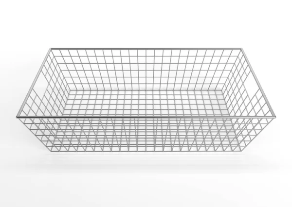 Alışveriş merkezi için metal sepet ve beyaz arka planda izole edilmiş süpermarket. Market, Market ve Ev 'de Market, Gıda ve Mallar için sepet. 3B Hazırlandı