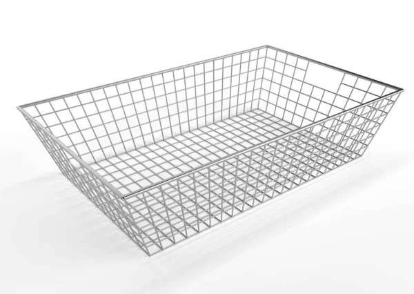 Alışveriş merkezi için metal sepet ve beyaz arka planda izole edilmiş süpermarket. Market, Market ve Ev 'de Market, Gıda ve Mallar için sepet. 3B Hazırlandı