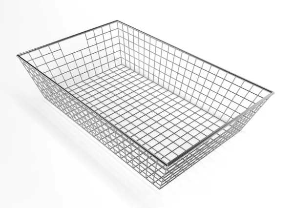 Alışveriş merkezi için metal sepet ve beyaz arka planda izole edilmiş süpermarket. Market, Market ve Ev 'de Market, Gıda ve Mallar için sepet. 3B Hazırlandı