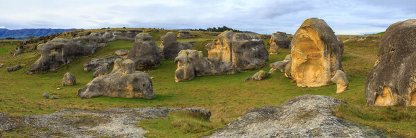 Elephant Rocks, a tourist attraction consisting of a field of giant 25 million-year-old limestone boulders in the South Island of New Zealand