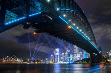 Sydney Harbour Köprüsü ve şehrin ufuk çizgisi yıllık 