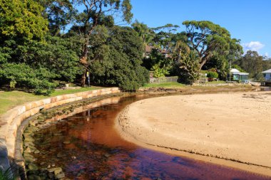 Sydney, New South Wales, Avustralya 'nın dışındaki Bundeena Plajı. Kahverengi teninlerle dolu bir dere Bundeena Gully boyunca kumlara akıyor.