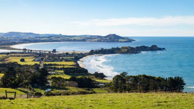 Karitane 'nin panoramik manzarası, Yeni Zelanda' nın Güney Adası 'nın Otago bölgesinde pitoresk bir kıyı yerleşimi.