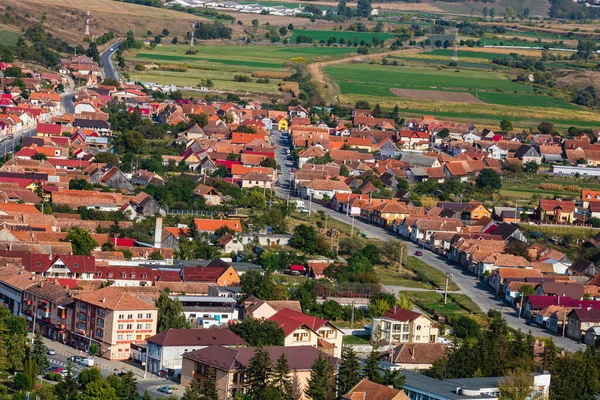Aerial View Town Center Hills Buildings Streets Vegetation Surroundings Rupea — Stock Photo, Image